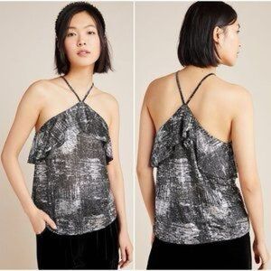 Anthropologie Zooey Silver Metallic Ruffle Halter Camisole cropped Top
